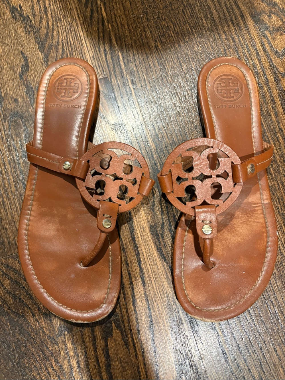 Tory Burch Cognac Leather Logo Thong Sandals